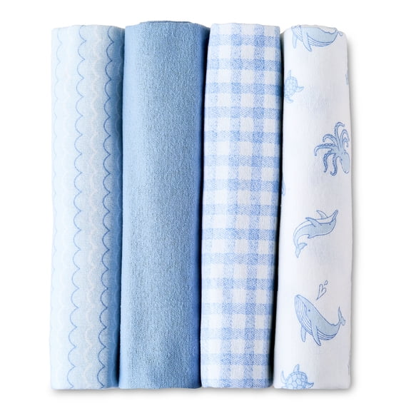 Parent's Choice Blue Sealife Cotton Flannel Receiving Blankets, 4 Pack