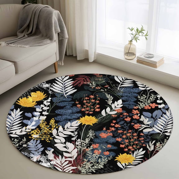 Small Round Rug 3Ft Washable Non-Slip, Wildflowers Blossom Circle Area Rugs for Living Room Bedroom, Black Spring Garden Botanical Floral Indoor Floor Mats Carpet Runner for Home Decor