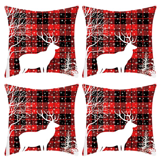 4 Uds. Funda de almohada decorativa navideña de lino con copos de nieve y alce (relleno de almohada no incluido)