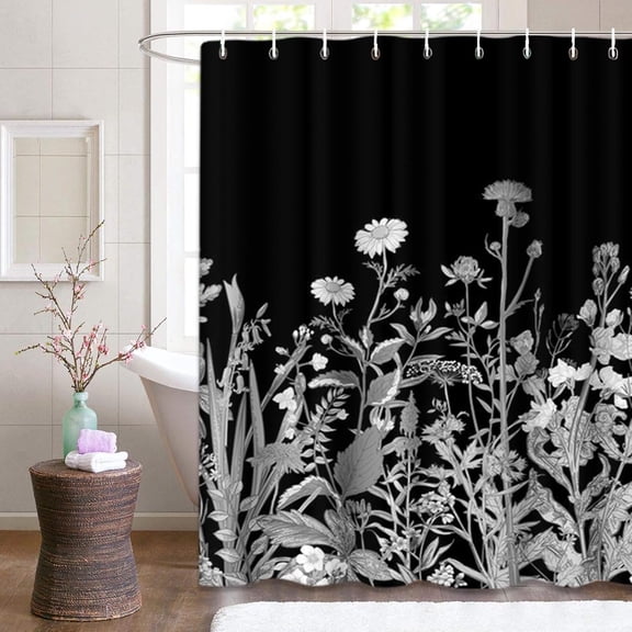 Floral Black Shower Curtain – Border Grey White Herbs and Wildflowers – Botanical Vintage Engraving Light – Waterproof Polyester Fabric with Hooks (72"x72) – Add Elegant Nature-Inspired Beauty