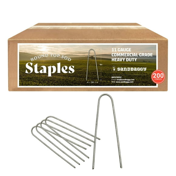 Sandbaggy Round Top 6-Inch Landscape Staples ~ SOD Garden Stakes Square Pin for Ground Cover Fabric & Drip Irrigation Tubing (200 Staples)