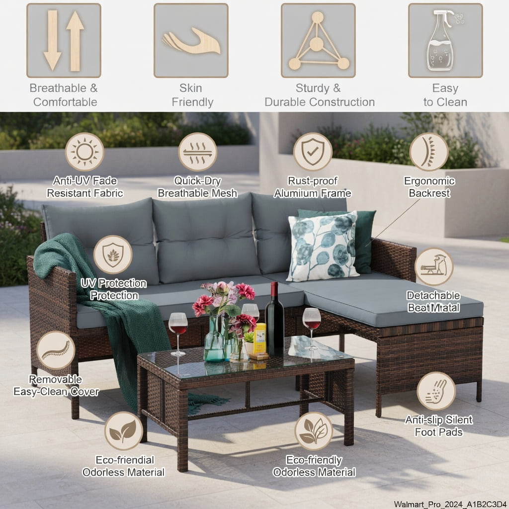 Hommoo 3-Piece Outdoor Wicker Patio Sofa Set with Tempered Glass Coffee Table, L-Shaped Sectional for Backyard, Deck or Balcony, Gray