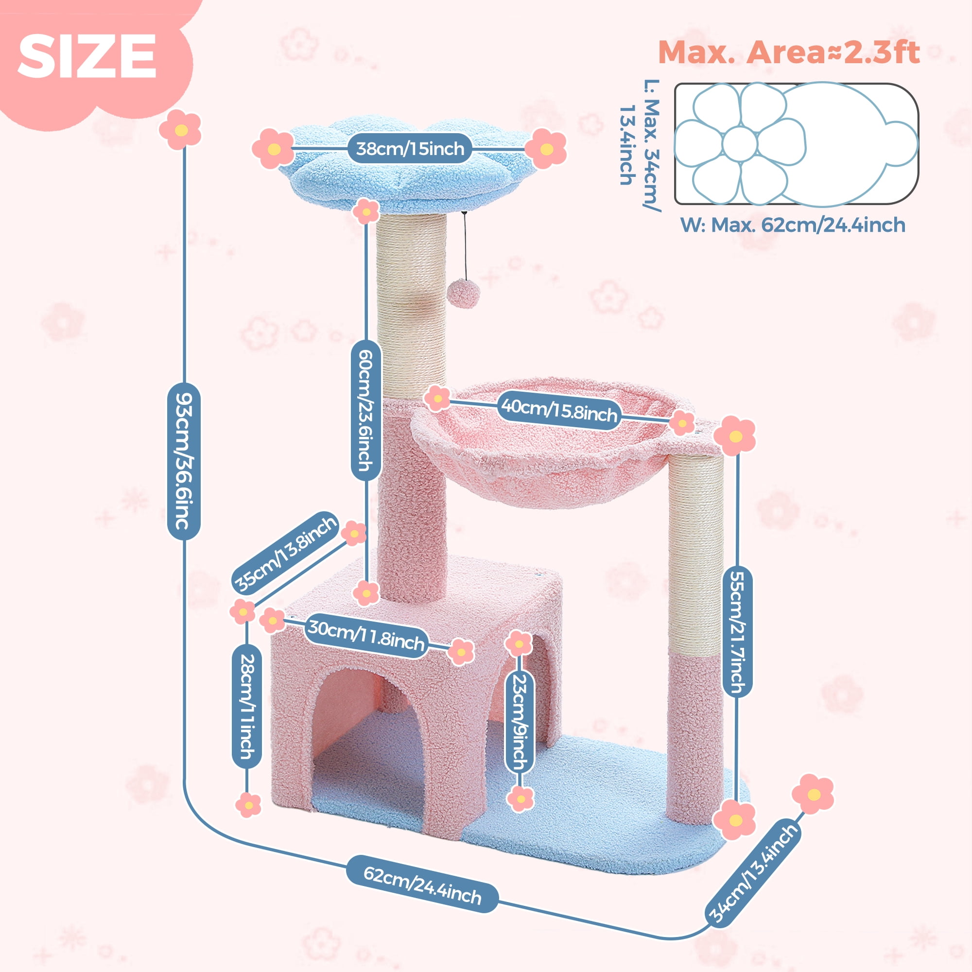 PAWZ Road 36.6" 4-in-1 Flower Cat Tree Tower with Cute Perch Scratching Posts for Indoor Cats, Blue