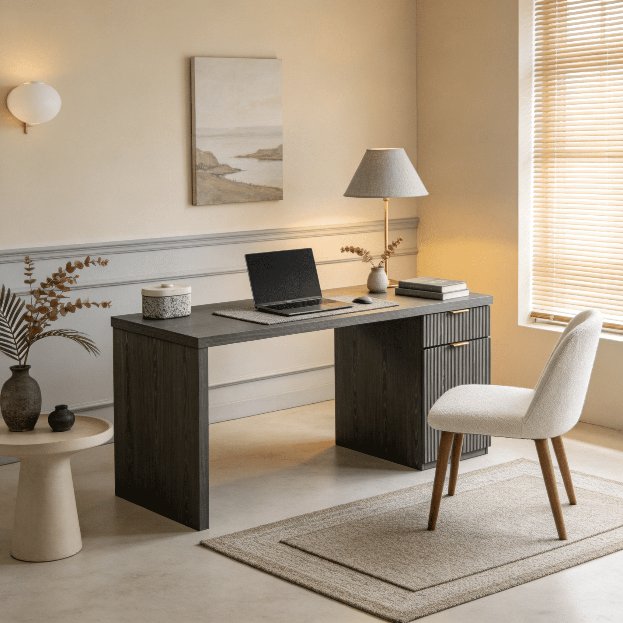 IFMust 60" Home Office Desk with Storage Drawer & Cabinet, Modern Executive Desk with Charging Station, Fluted Computer Desk for Study, Living Room, Grayish Green