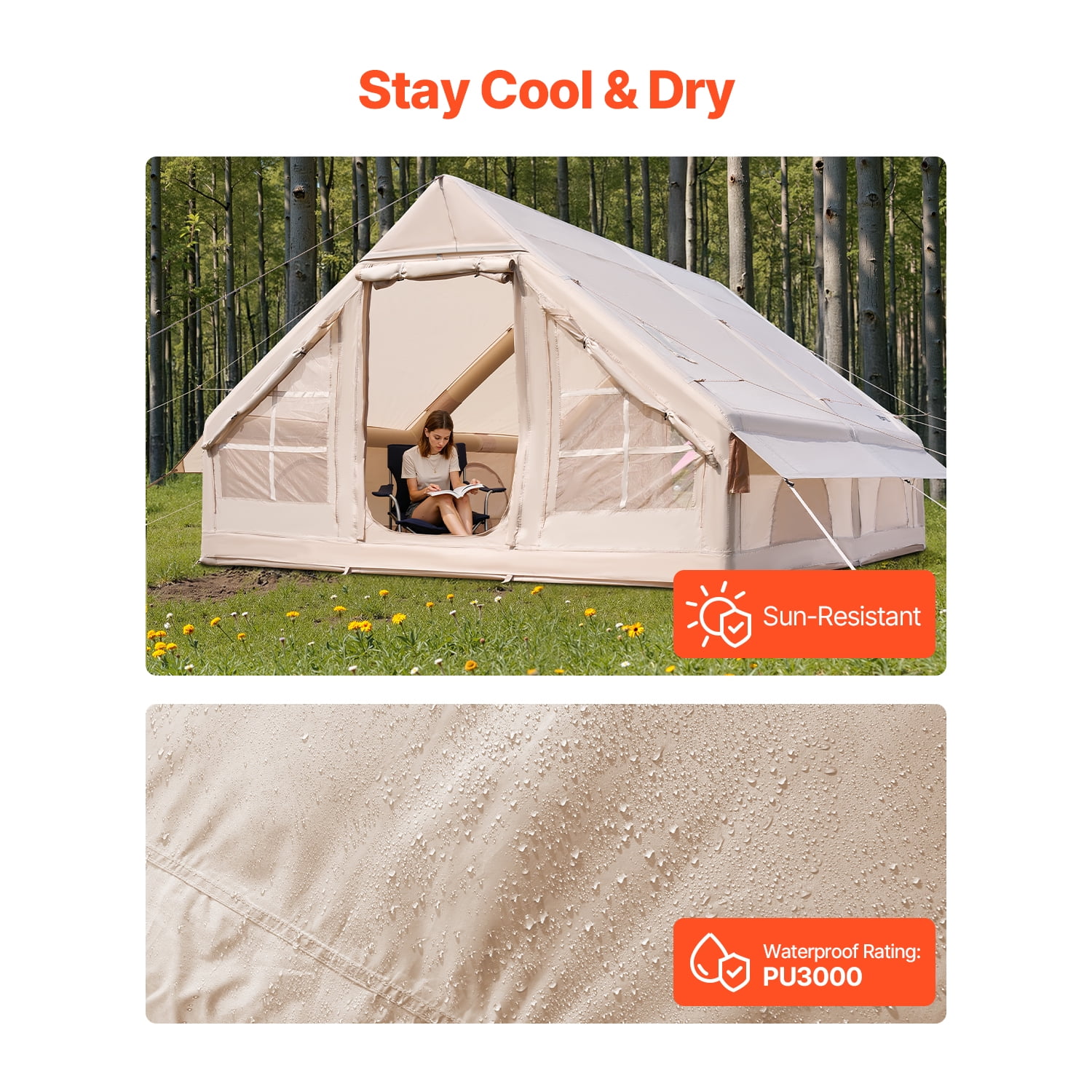 KFFKFF Inflatable Camping Tent for 5-8 Person, 13.12 x 9.84 x 6.56 Ft 300D Oxford Fabric Glamping Blow up Tent with Hand Pump, Waterproof Air Tent with Stove Jack