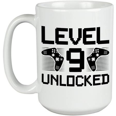 

Level 9 Unlocked Video Gamer or Gaming Enthusiast Birthday White 15oz Ceramic Mug