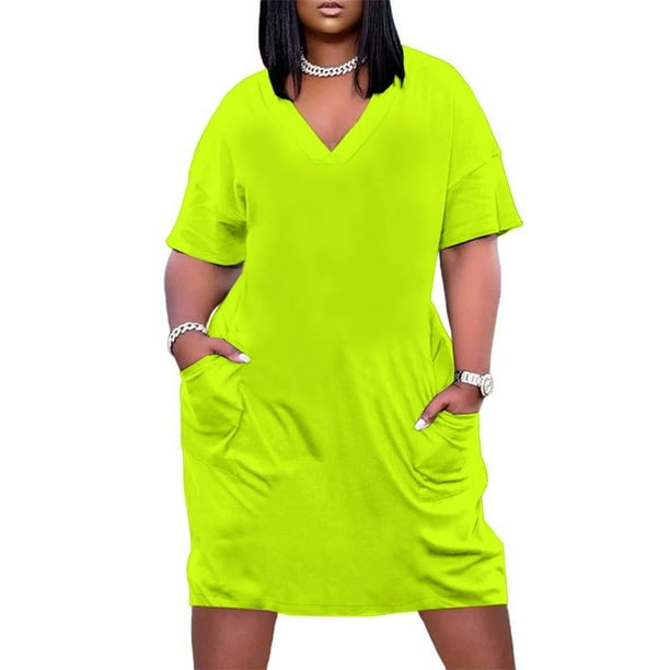 Vestido largo holgado con bolsillo para mujer ropa de color neón verde lima brillante