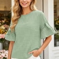thumbnail image 5 of Xaqiouau Womens Gingham Ruffle Bell Sleeve Blouse Casual Crew Neck Check Print Summer Top, 5 of 7