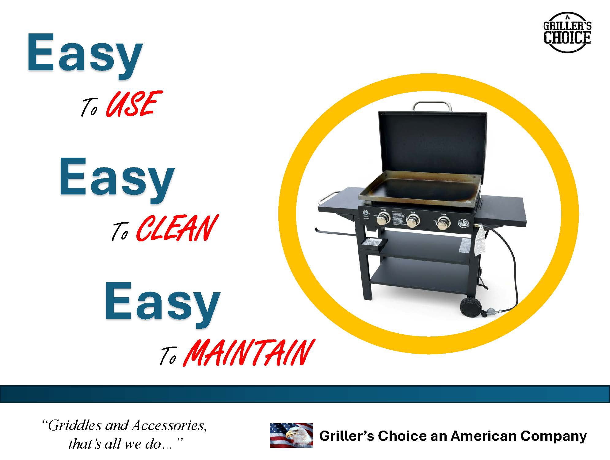 Griller's Choice Propane Gas Griddle with Hinged Hood, Integrated Wind Guards, Front Grease Management, 4 Shelves