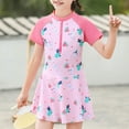 thumbnail image 5 of Girls Swimsuit Short Sleeve Half Zipper One Piece Skirt Bathing Suit Modest Print Patchwork Ruffle Beach Swim Dress 2-10Y on Clearance, 5 of 5