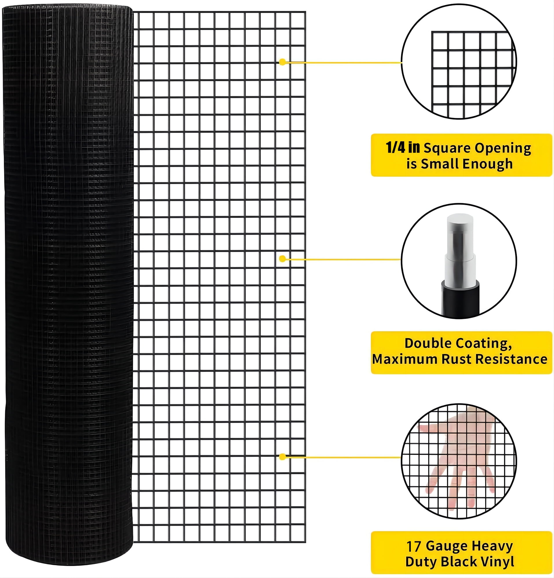 48 inch×50 ft Black Vinyl Coated Hardware Cloth, 17 Gauge 1/2 inch