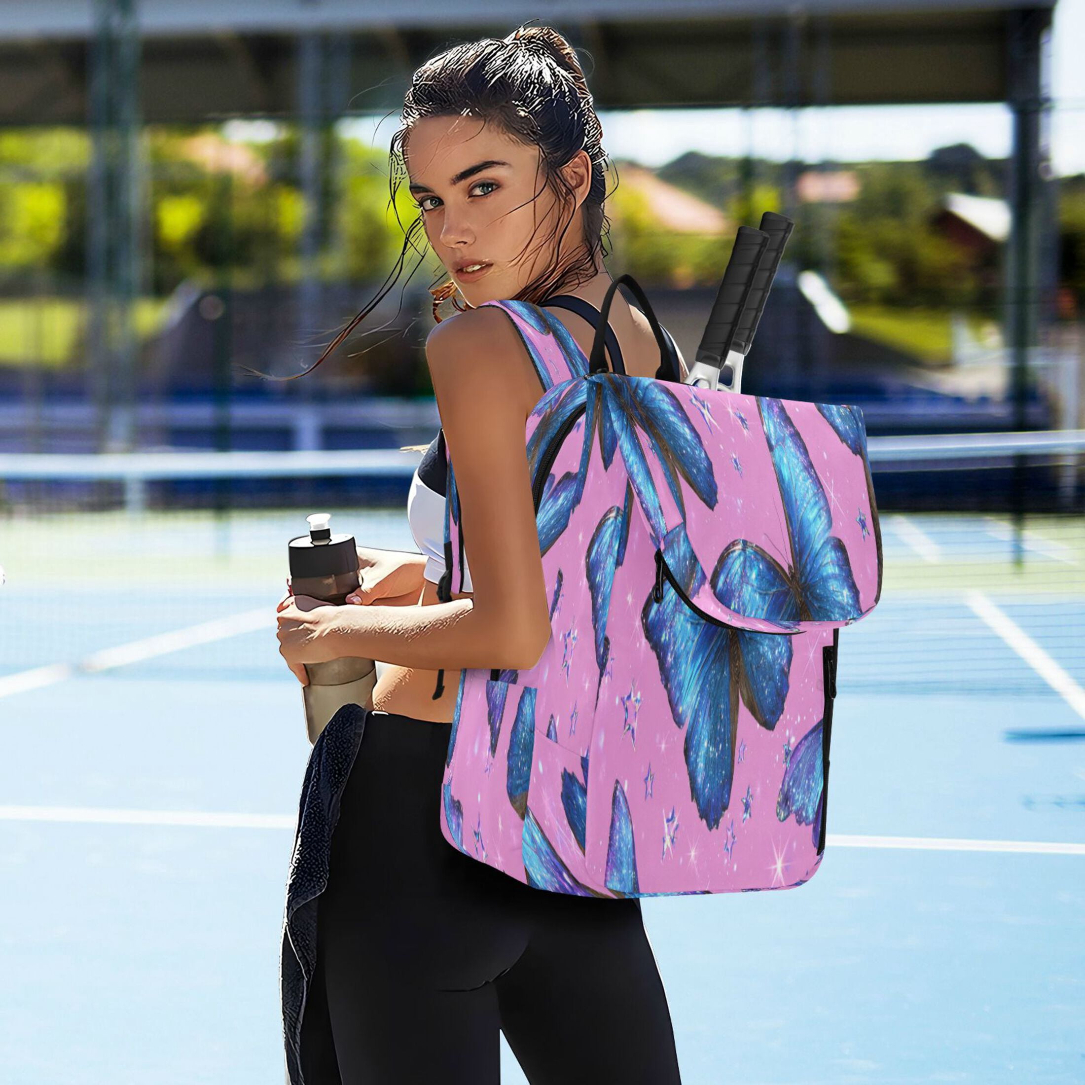 2 Racquet Holder Tennis Backpack Tennis Racket Covers Gym Bags Blue Morpho Butterflies