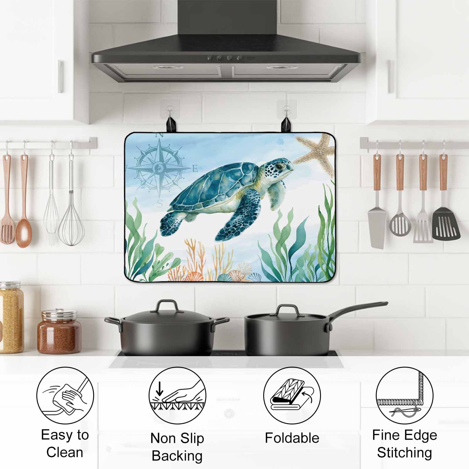 Sea Turtle Coastal Stove Top Cover for Electric Stove, Heat-proof & Non Slip Glass Top Stove Cover Protector, Summer Beach Nautical Starfish Compass Kitchen Flat Cooktop Rubber Mat 24x21 Inches