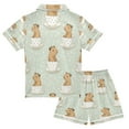 thumbnail image 2 of Silky Satin Kids' Pajama Set Breathable & Smooth Unisex Button-Down Pajamas Cute Capybara in Coffee Cups, 2 of 8