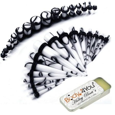 BodyJ4You 33PC Gauge Kit Ear Stretching Aftercare Balm 14G-0G Black White Marble Acrylic Taper