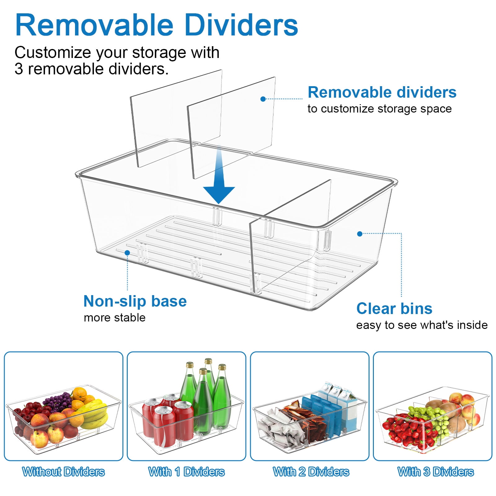 Homtell 4 Pack Clear Plastic 4-Compartment Food Storage Bins, Pantry Organizer for Snacks, Fruits, Vegetables, Tea Bags and Spice Packets