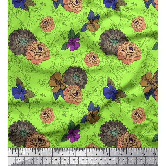 Soimoi Japan Crepe Satin Fabric Leaves,Dahlia & Peony Floral Print Fabric by the Yard 42 Inch Wide