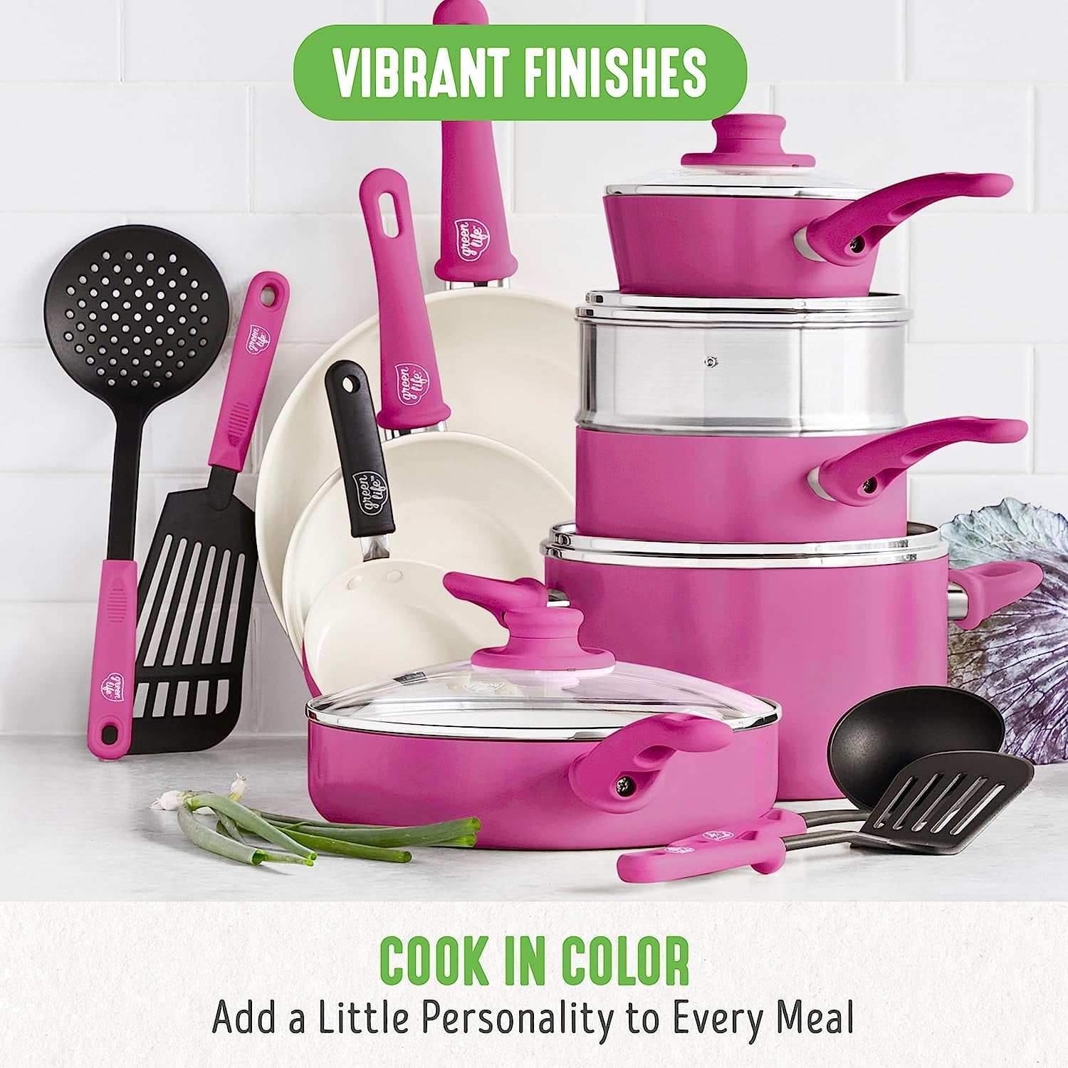 16 Piece GreenLife Soft Grip Healthy Ceramic Nonstick, Cookware Pots and  Pans Set, Bright Pink