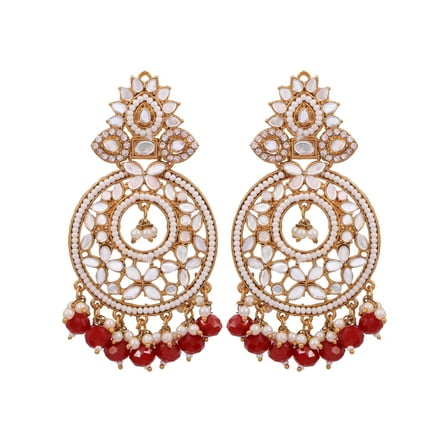 Crunchy Fashion Bollywood Jewellery Traditional Ethnic Bridal Bride Wedding Bridesmaid Gold-Plated Kundan Mirror & Red Pearl Dangler Earring