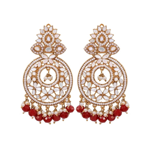 Crunchy Fashion Bollywood Jewellery Traditional Ethnic Bridal Bride Wedding Bridesmaid Gold-Plated Kundan Mirror & Red Pearl Dangler Earring