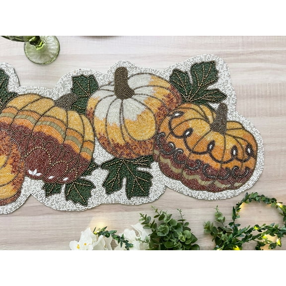 Table runner beaded handmade, pumpkin harvest runner 13x36inch