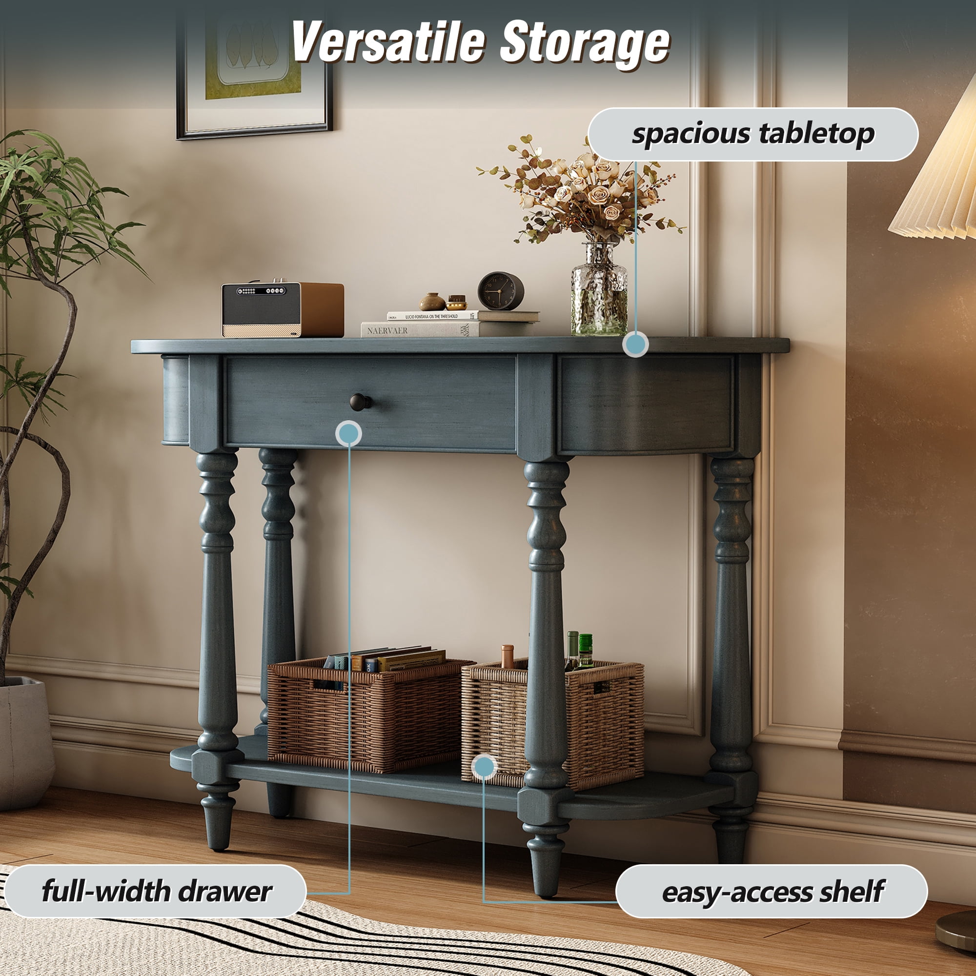 EUROCO 36" Retro Console Table with Drawer,Solid Wood Entryway Table Sofa Table with Open Storage Shelf and Corner-Curved Design for Entryway, Hallway and Living Room,Navy