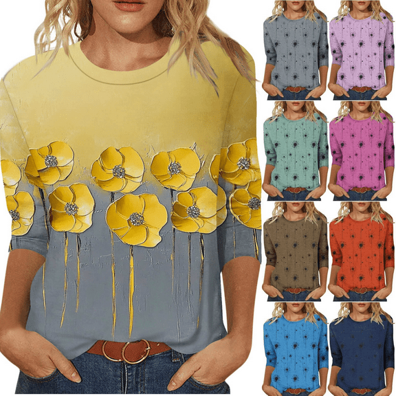 SRIPER Clearance,Women 3/4 Length Blouses Machine Washable,Woman Clothing Under $5,$10.00 Graphic Tshirts,Clearance On Sale,Camisetas Mujer ofertas,Yellow XL