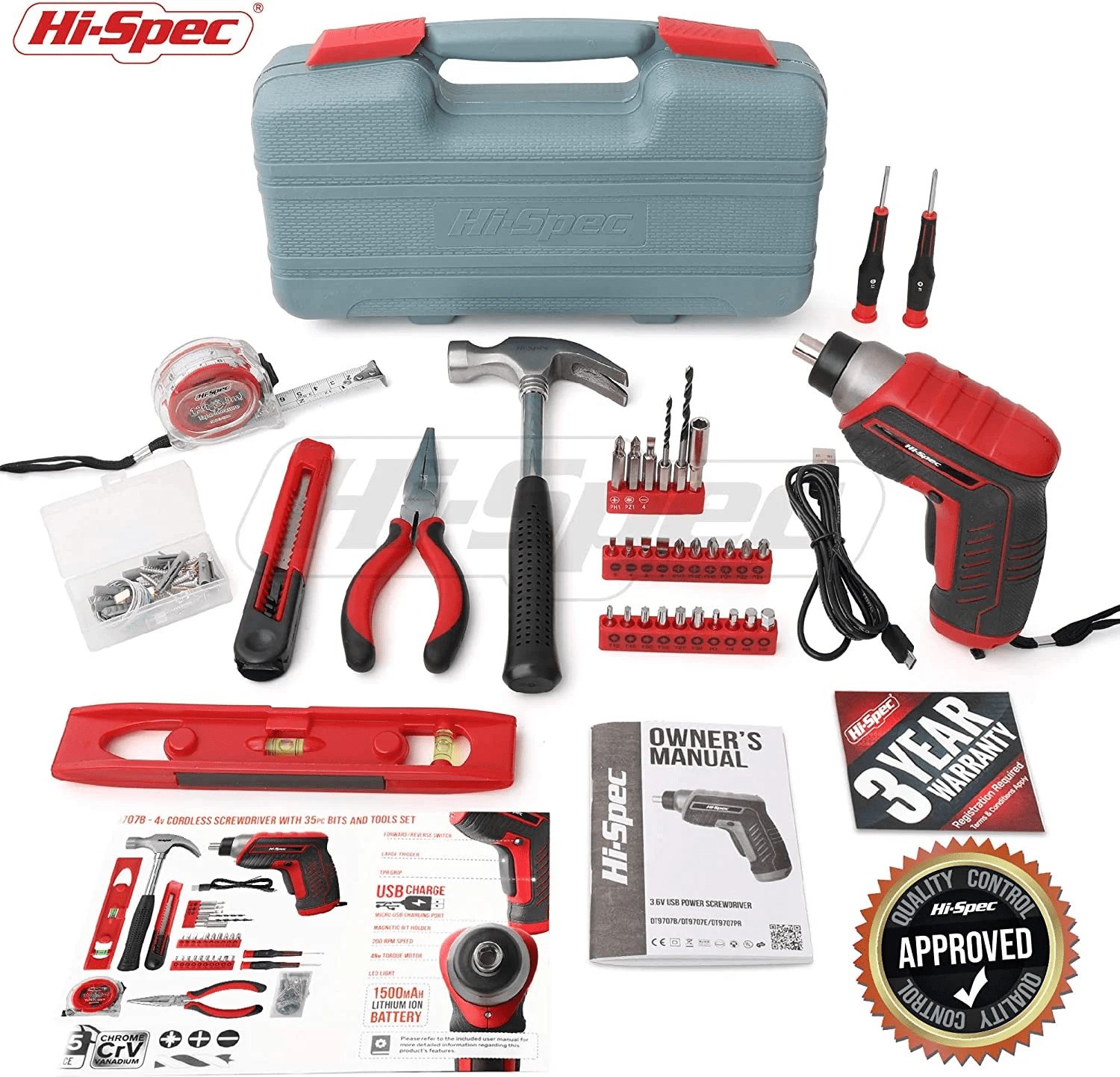 Hi-Spec 35pc Red 3.6V Cordless Electric Power Screwdriver and Home Tool Kit Set. USB Rechargeable
