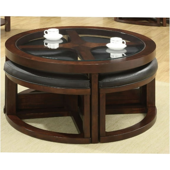 JERFIT Modern Round Coffee Table with 4 Ottomans, Dark Walnut Finish, Beveled Glass Top for Living Room
