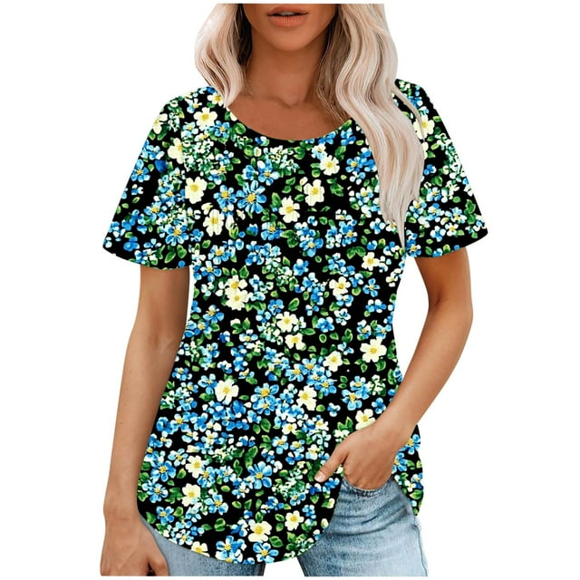 Staron Chemises d'Été pour Femmes Plissées Chic Décontracté Tendance Blouses de Sortie Manches Courtes Col Rond Tunique à Fleurs T-Shirts Mode d'Été Hauts Amples Chemises