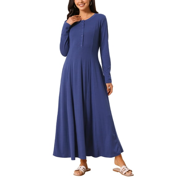 INSPIRE CHIC Women's Fall Long Dresses Button Fit Long Sleeve Flowy A-Line Maxi Dress with Pockets L Deep Blue
