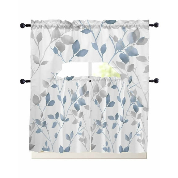 Blue Branches Leaves Kitchen Curtains Swag Valance and Tier Curtains Set 24 Inch Length, Spring Summer Botanical Pastoral Rod Pocket Drape Panels Pair Swag Curtain for Bathroom/Cafe/Window