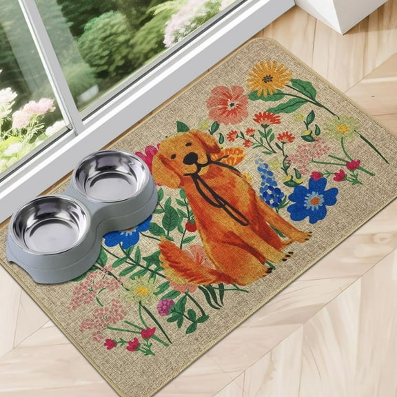 Dog Food Mats for Floors Waterproof, Absorbent Quick Dry Pet Cat Food Mat, Water Bowl Mats Pet Feeding, Eco-Friendly Accessories Pet Supplies (12"x20",Cat Dog Flower)