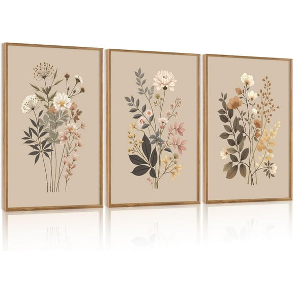 Hieng Botanical Flower Canvas Wall Art Set Of 3, Modern Nature Wildflower Wall Decor, Rustic Floral Wall Painting, Vintage Flowers Art Prints For Bedroom Living Room Office Decor (12X16 Inch)