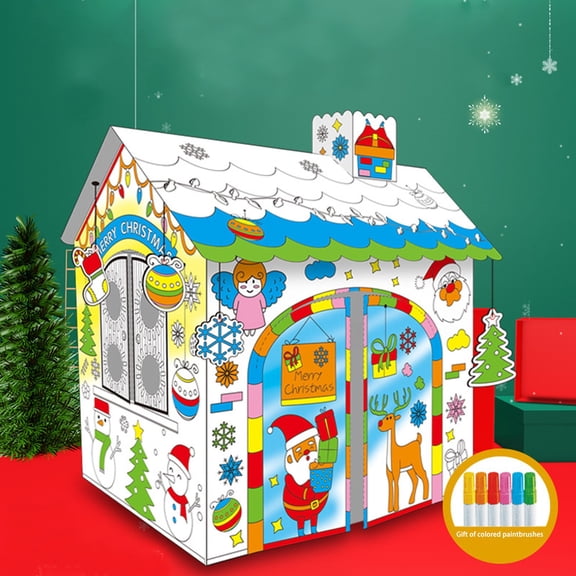 SUSHANG Christmas Cardboard Coloring Playhouse DIY Build and Color Life-Size Holiday Cottage for Kids Interactive Craft Activity Perfect Gift Decorate Personalize Candy Cane Patterns Indoor