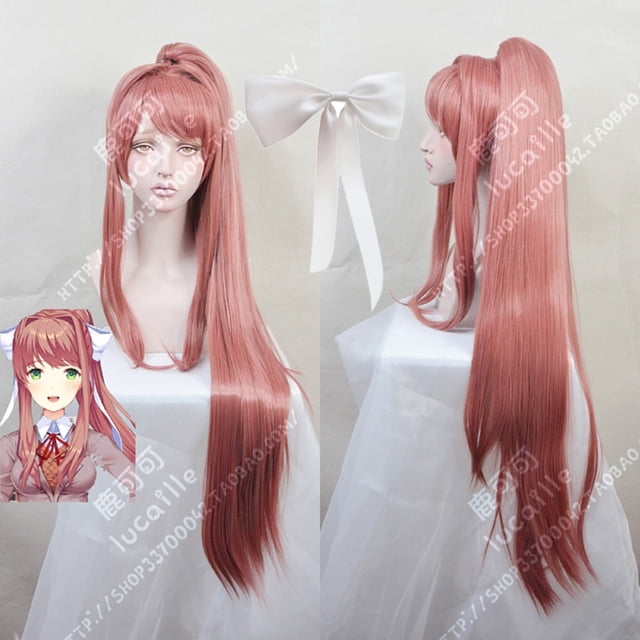 High Quality Doki Doki Literature Club! Monika Cosplay Wig DDLC Detachable Ponytail Long Heat Resistant Hair Wigs + WigCap + Bow heqiyong LED