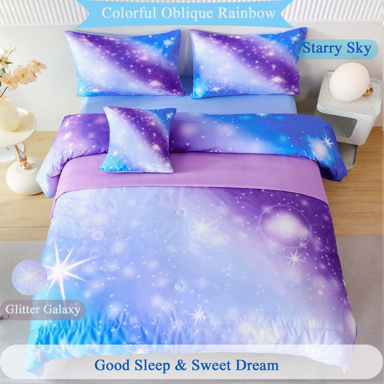 URBONUR Colorful Rainbow Galaxy Girls Comforter Set, 4Pcs Blue Gradient Glitter Bedding Set for Kids/Girls/Teens, Sparkle Galaxy Bed Comforter Set for All Season