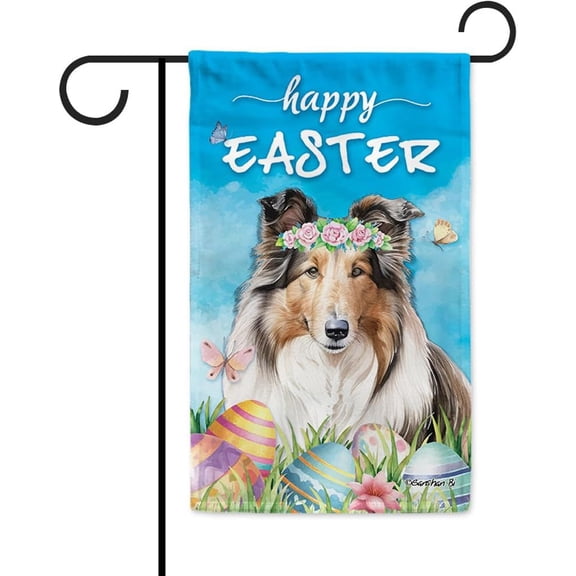 Happy Easter Collie Garden Flag Watercolor Dog with Easter Eggs Butterfly Flowers Spring Summer Welcome Flag for Outside Yard 12.5X18 Inch Double Side