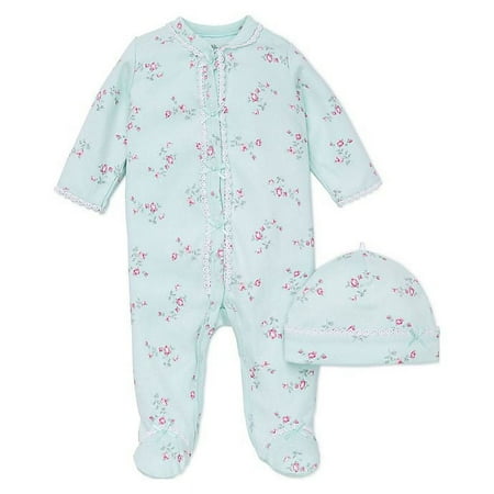 UPC: 0883953728364 | Little Me Preemie 2-Piece Aqua Flower Footie and Hat Set in Pink