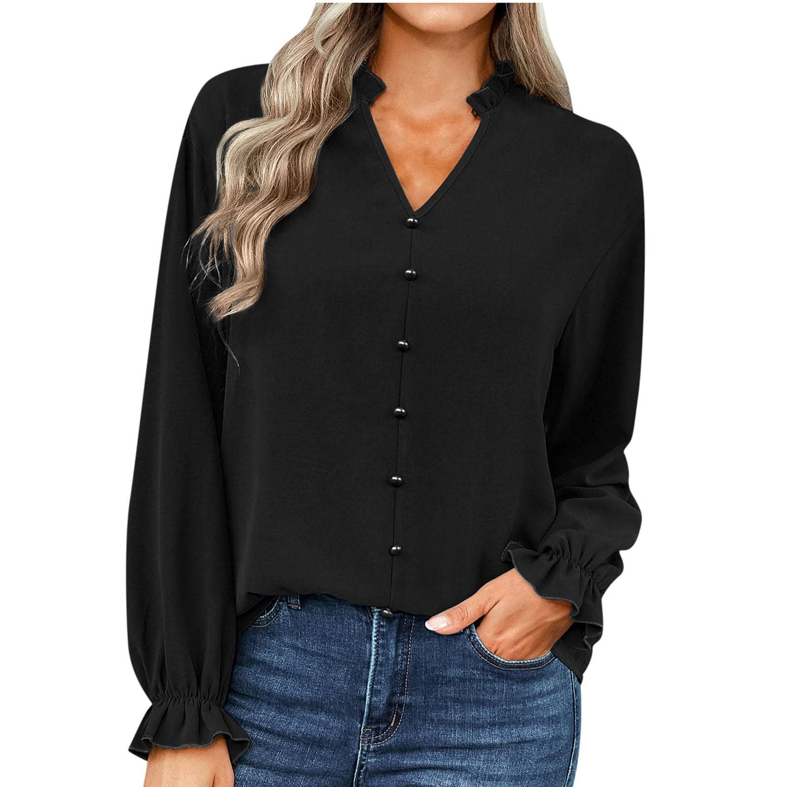 Women Formal Business Work Blouse Lightweight V Neck Long Sleeve Solid Color Pullover Shirt Tops