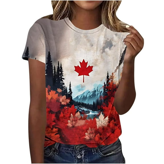 Canadian Maple Leaf Women's Casual Graphic Tees Short Sleeve Vintage Script Funny Canada Day T-Shirt Themed Shirts Multicolor, XXXL