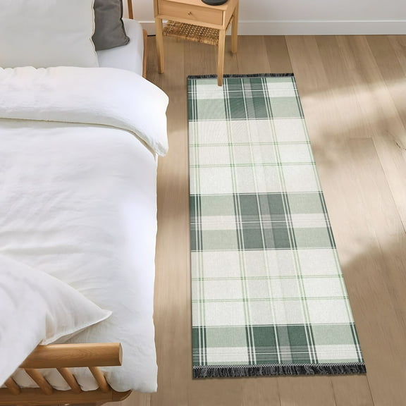 Light and Dark Green Plaids Bedside Runner Rug 2'x 6' Non Slip Carpet Floor Mat Area Rug