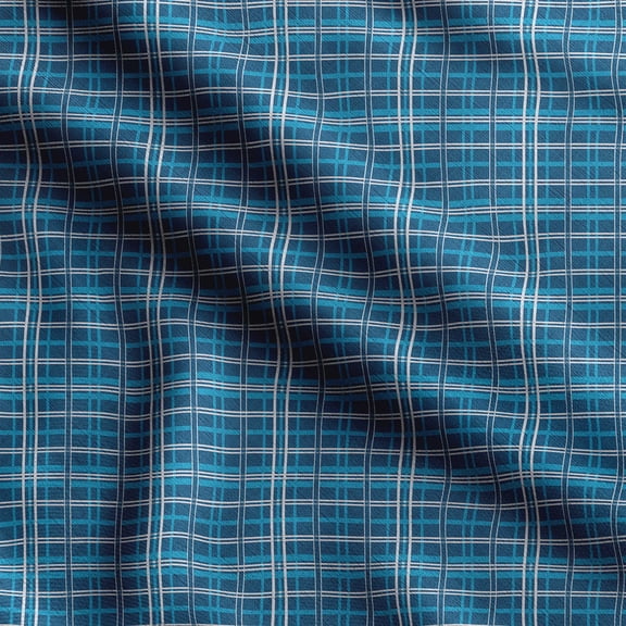 Soimoi Check Print, Silk Fabric, Decor Sewing Fabric by The Yard 42 Inch Wide,Decorative Fabric for Shirts Suits Ties, Teal Blue