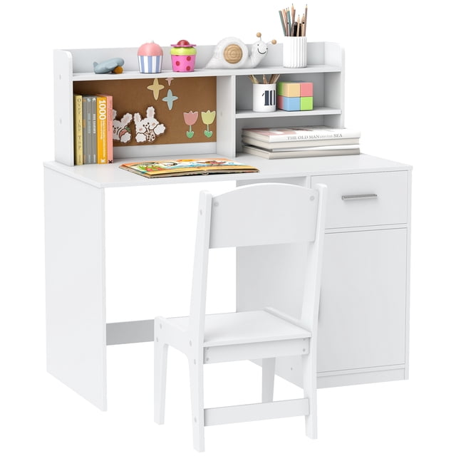 Qaba Kids Desk and Chair Set, Study Table and Chair Set with Storage, White
