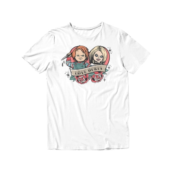 Chucky and Tiff Love Hurts Graphic Short Sleeve T-Shirt for Women (White, S-XXL)