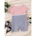 thumbnail image 3 of Cenuakty Baby Boy Short Sleeve Romper Round Neck Striped Car Patch Fake Two-Pieces Jumpsuit Infant Toddler Summer Clothes, 3 of 9