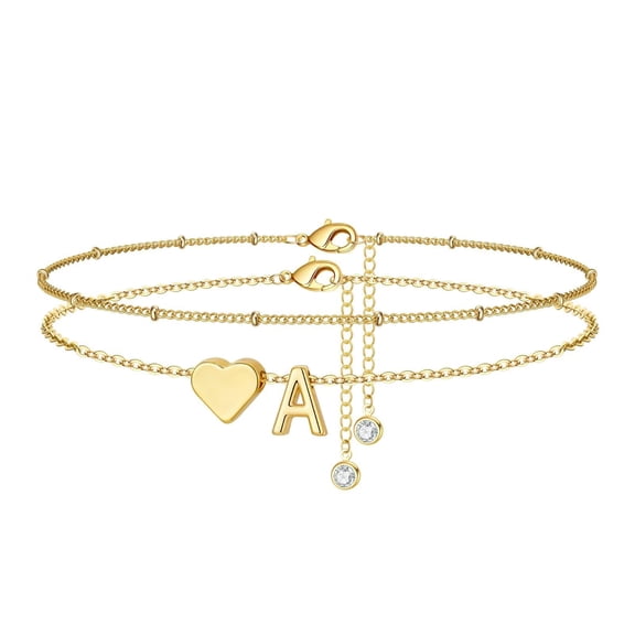 Turandoss 14K Gold Plated Initial Ankle Bracelets for Women - Layered Heart Letter A-Z Dainty Anklets for Women Waterproof, Anklets Jewelry Personalized Birthday Gifts for Women Teen Girls