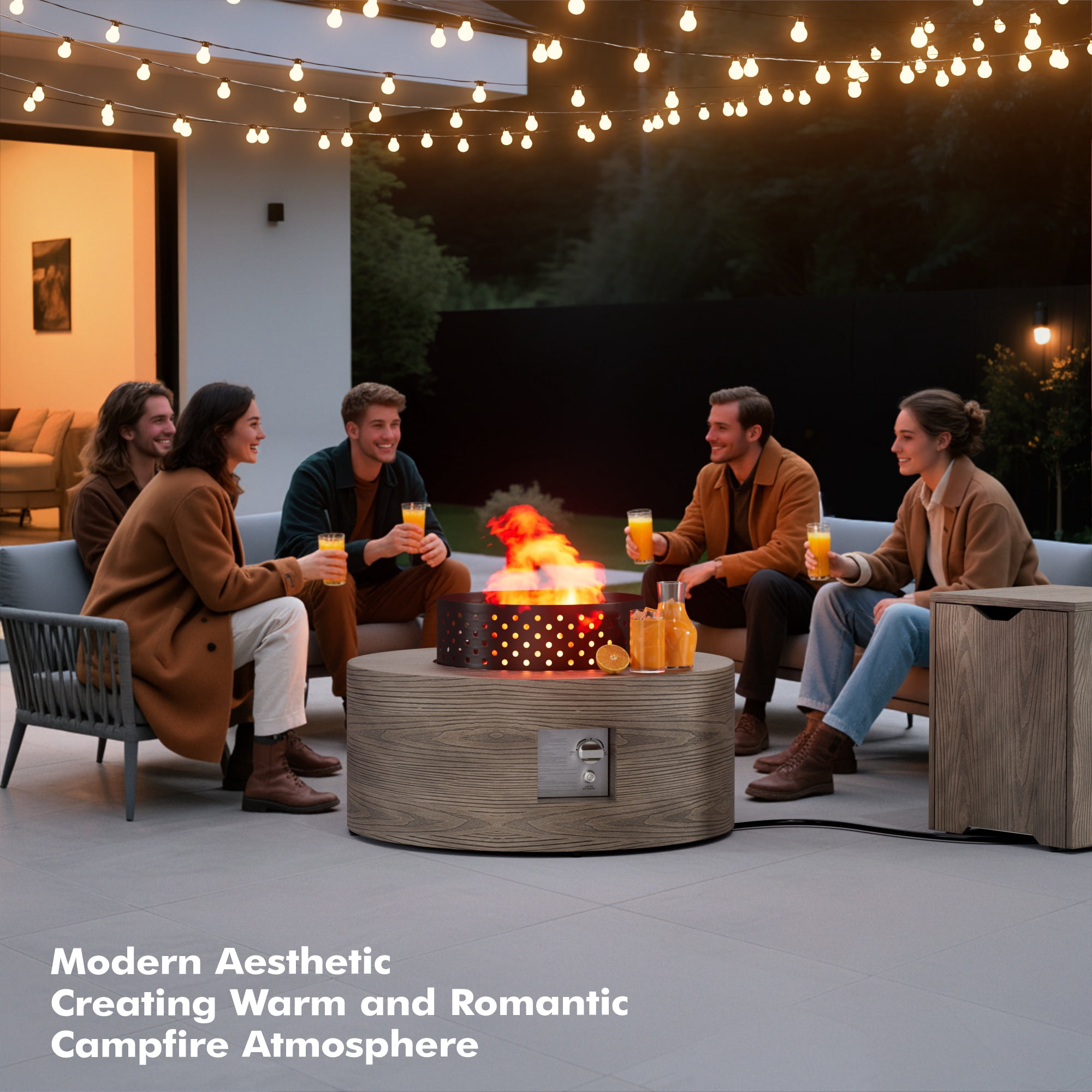 Vornel 30" Round Wood Grain Iron Fire Pit, 50,000 BTU with Lid, Brown Wood Grain Fire Pit Table for Patio Backyard Garden Camping