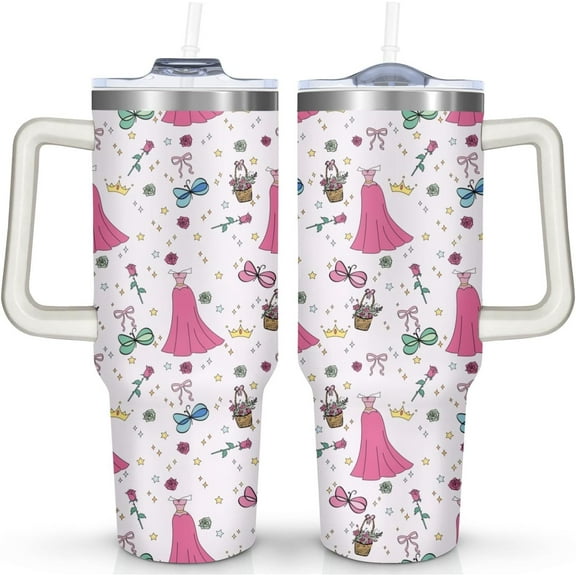 Cartoon Princess Tumbler with Handle & Straw | Princesses Dress and Rose | Travel Coffee Mug -Birthday/Christmas Gift to Girl/Women