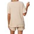 thumbnail image 2 of Hanerdun Women Short Sleeve Pajamas Loungewear Female Striped 2 PCS Nightwear Set Beige M, 2 of 5